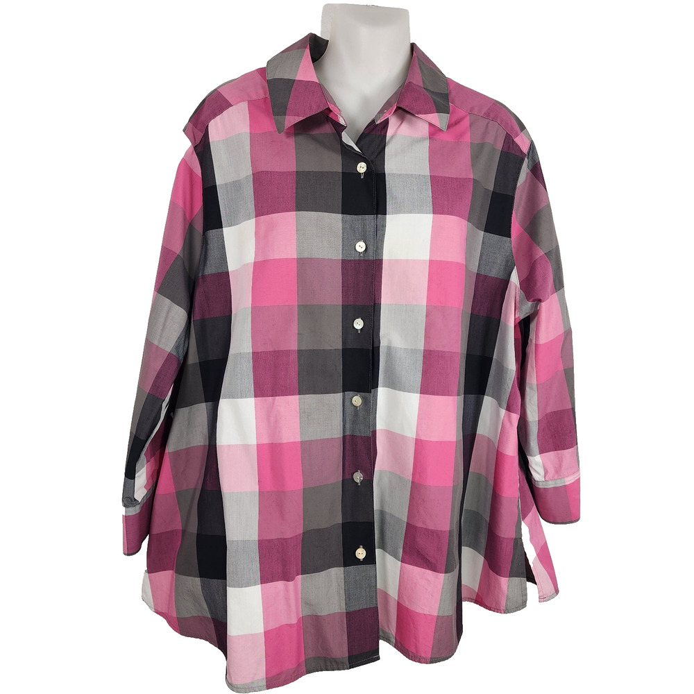 Foxcroft Women's Plaid Button Shirt Wrinkle Free 3/4 Sleeve Pink Shaped Fit 18W